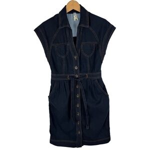 Anthropologie Maeve Dark Wash Denim Dress Women 4 Button Down Belted Cap Sleeve